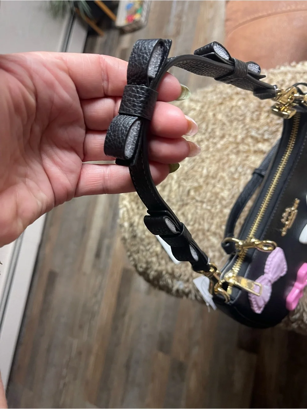 Coach Black Pebbled Leather Tag Charm with Gold-Tone Accent